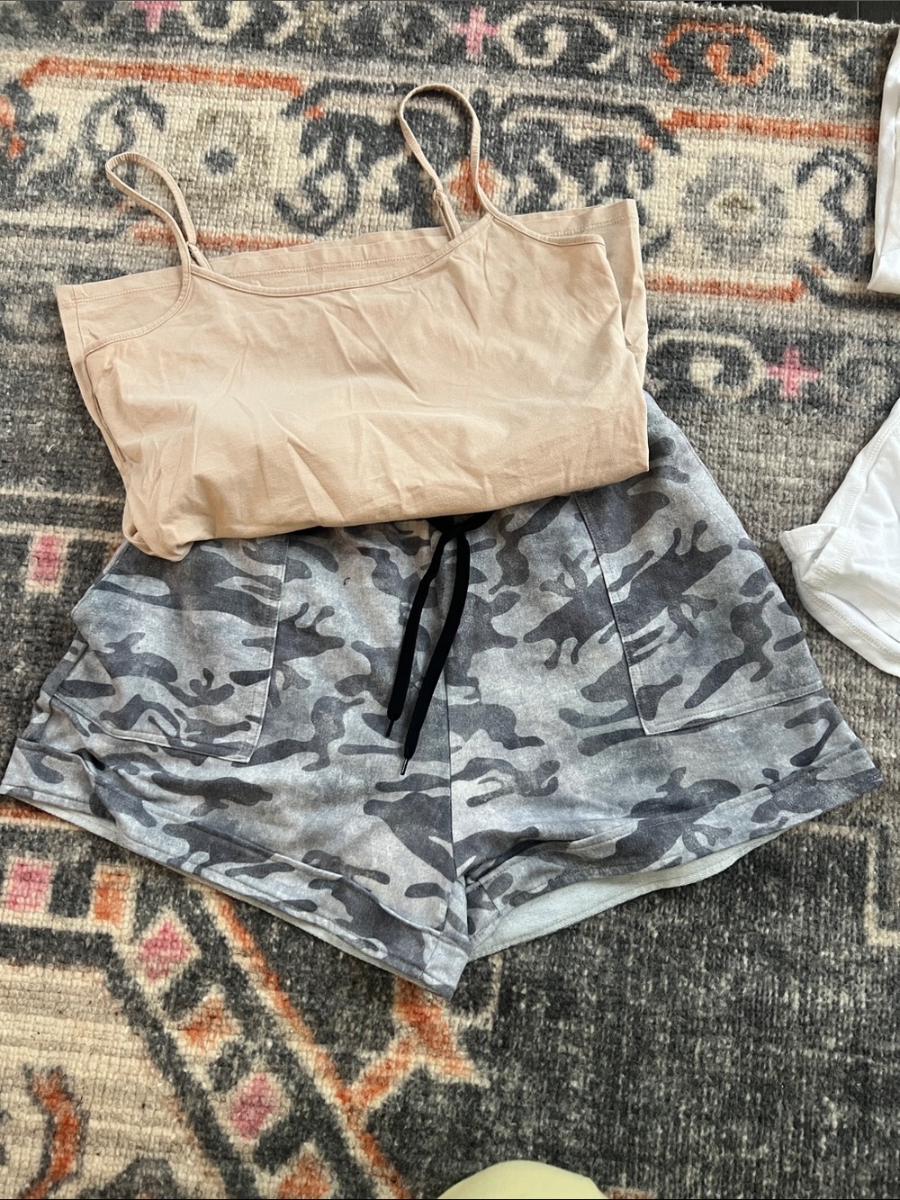 Beige Camisole Tank with Gray Camo Lounge Shorts Set